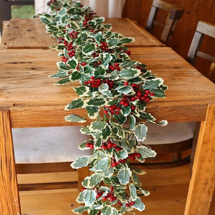 2Pcs 2.2M Holly Leaves Christmas Garland Decor – Artificial Greenery with Fake Red Berries, Perfect for Christmas Holiday Adornment