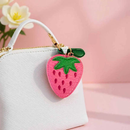 Strawberry shaped leather keychain coin purse, mini zipper pouch, portable storage bag