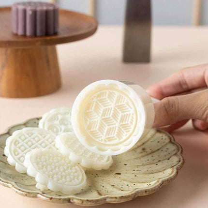 Hand‑Press Mooncake Mold Set with 6 Geometric Pattern Stamps, DIY Baking Tool for Mooncake & Mung Bean Cakes