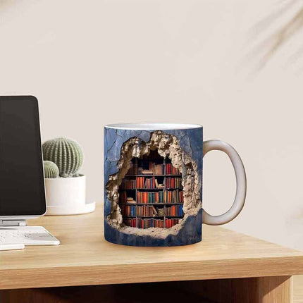 3D Bookshelf Mug-Library Book Shelf Mugs, Book Lover Ceramic Mug Xmas Gift