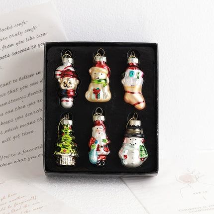 Set of 6 Retro‑Style Glass Christmas Tree Hanging Ornaments, Nostalgic Festive Decorations