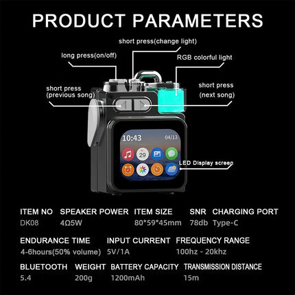 Outdoor Wireless Bluetooth Mini Speaker with Alarm Clock & RGB Ambient Lamp Display
