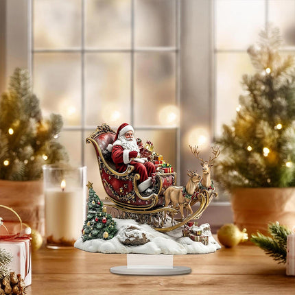 2D Santa Claus & Reindeer Sleigh Ornament, Flat Acrylic Material with Stand for Desktop Decor