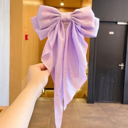 Korean Style Long Satin Bow Hair Clip, Premium Fabric Zinc Alloy Spring Barrette, Elegant Hair Accessory for Women & Girls