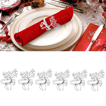6X Silver Deer Christmas Napkin Rings - Alloy Reindeer & Elk Napkin Holders