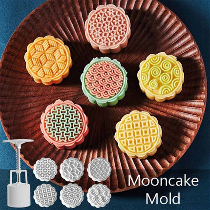 Hand‑Press Mooncake Mold Set with 6 Geometric Pattern Stamps, DIY Baking Tool for Mooncake & Mung Bean Cakes