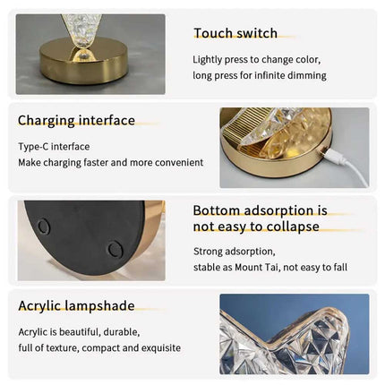 Star LED Night Light, USB Rechargeable Crystal Table Lamp with Touch Control & Dimmable Brightness