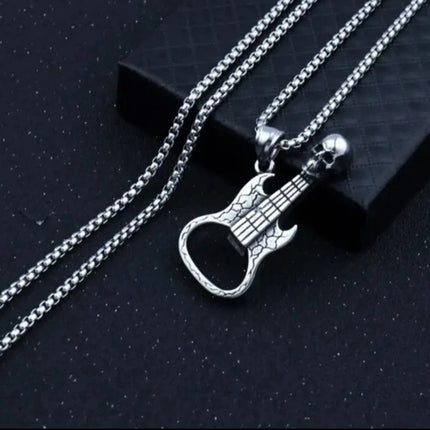 Hip Hop Biker Skull Guitar Pendant Necklace - Stainless Steel Rock Music Style Gift