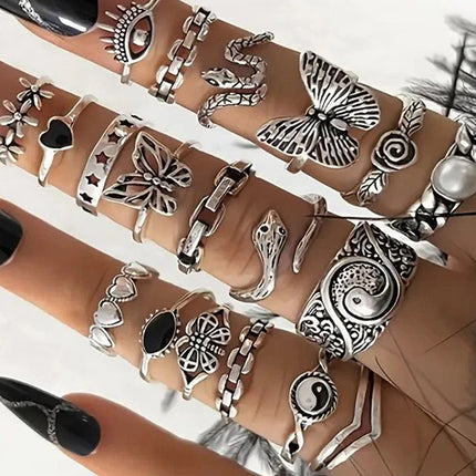 21 Pcs Retro Bohemian Geometric Inlaid Stackable Ring Set, Women’s Gift Jewellery
