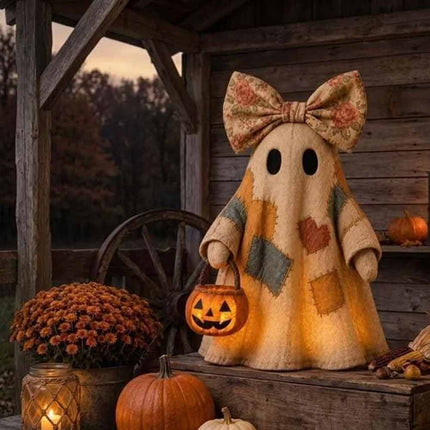 Lighted Patchwork Ghost with Pumpkin Lantern Vintage Halloween Decor 10CM