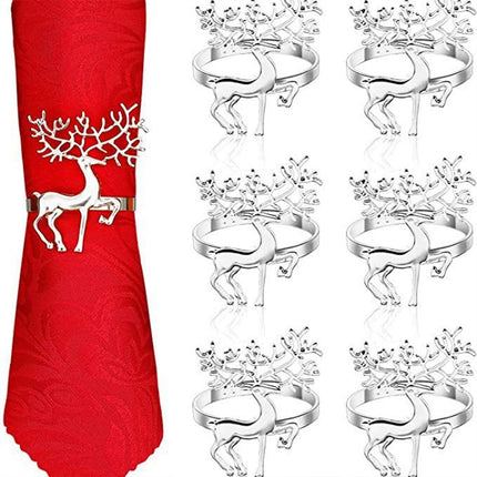 6X Silver Deer Christmas Napkin Rings - Alloy Reindeer & Elk Napkin Holders