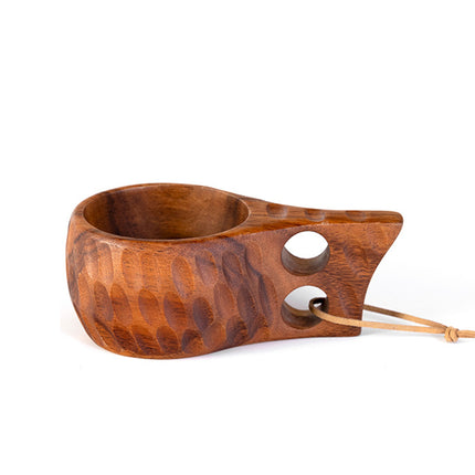 Portable Wooden Coffee Mug with Acacia Handle & Cowhide Lanyard Hook