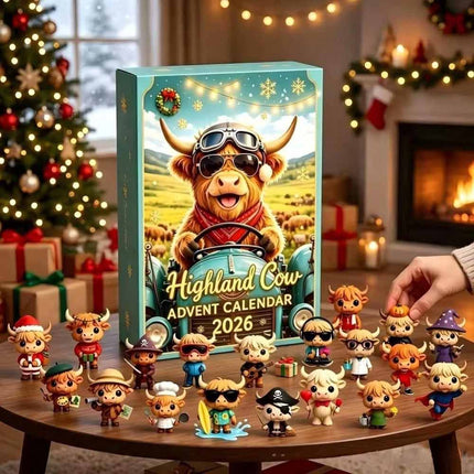 2026 Highland Cow Advent Calendar, 24‑Day Xmas Countdown Gift with Mini 3D Figurines