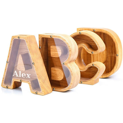 Wooden Piggy Bank Funny Letter/Alphabet Coin Saving Money Box Kids Adults Gift