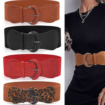Women Ladies Faux Leather Wide Stretch Elastic Buckle Cinch Waist Wide Belt 85CM