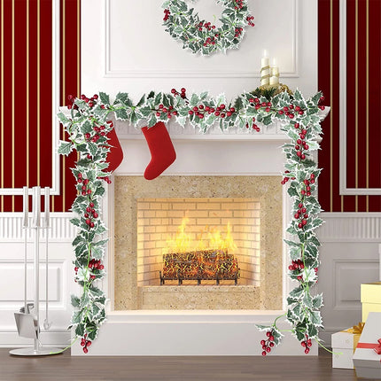 2Pcs 2.2M Holly Leaves Christmas Garland Decor – Artificial Greenery with Fake Red Berries, Perfect for Christmas Holiday Adornment