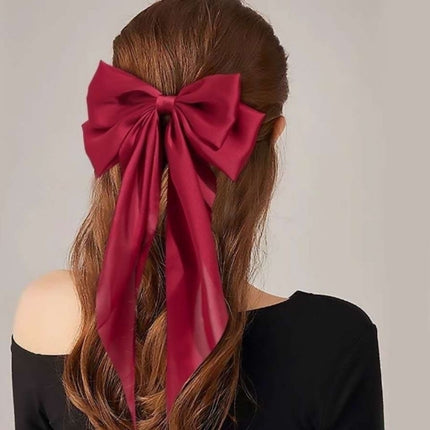 Korean Style Long Satin Bow Hair Clip, Premium Fabric Zinc Alloy Spring Barrette, Elegant Hair Accessory for Women & Girls