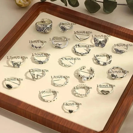 21 Pcs Retro Bohemian Geometric Inlaid Stackable Ring Set, Women’s Gift Jewellery