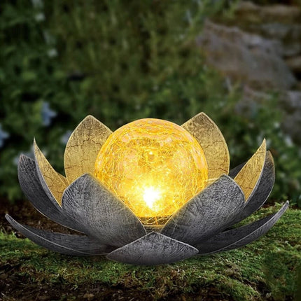 Solar Lotus Flower Light LED Damasque Silver Glass Crackle Ball Ornament 28cm