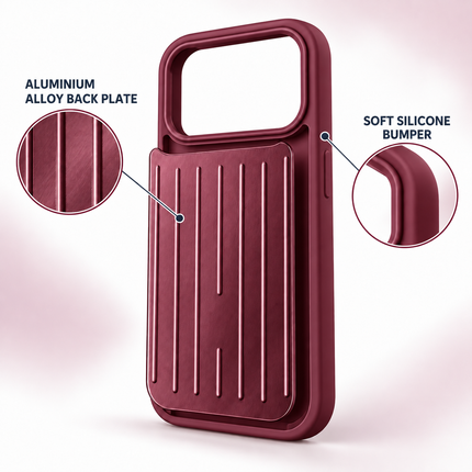 Burgundy phone case material detail showing aluminium alloy back plate and soft silicone bumper
