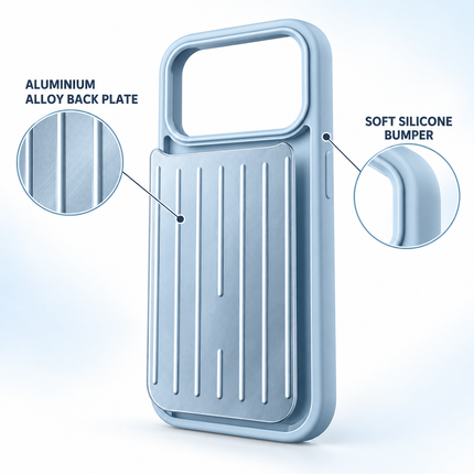 Glacier phone case material detail showing aluminium alloy back plate and soft silicone bumper