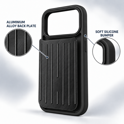 Black iPhone 18 Pro Max phone case material detail showing aluminium alloy back plate and soft silicone bumper
