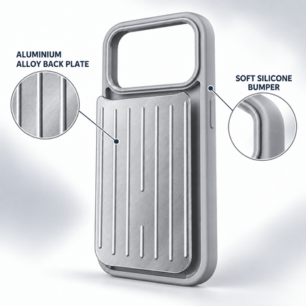 Silver iPhone 18 Pro Max phone case material detail showing aluminium alloy back plate and soft silicone bumper